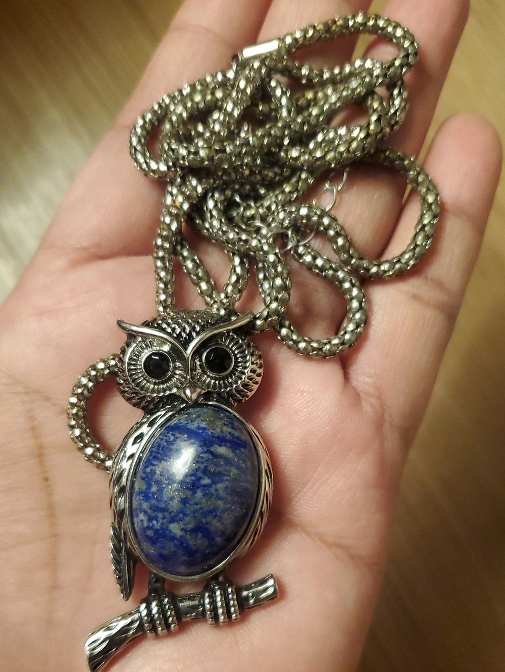 Lapis Lazuli Owl Pendant With Silver Tone Necklace
